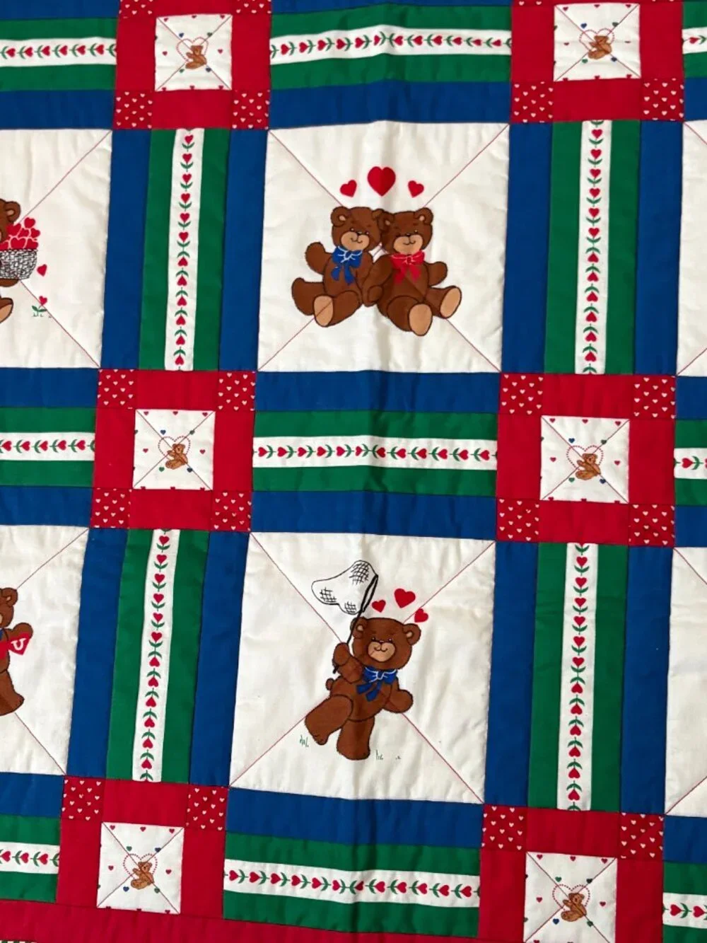 Handmade Quilted Throw Teddy Bear Heart Valentine Squares Cornerstones Nursery